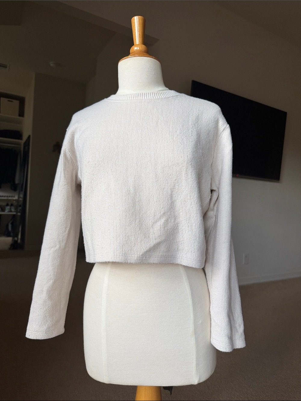 Zara Cropped Knit Long-Sleeve Top in Light Cream